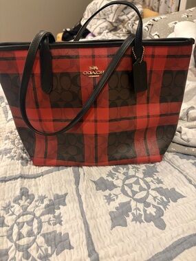 Coach Red Plaid Signature Tote with Black Handles